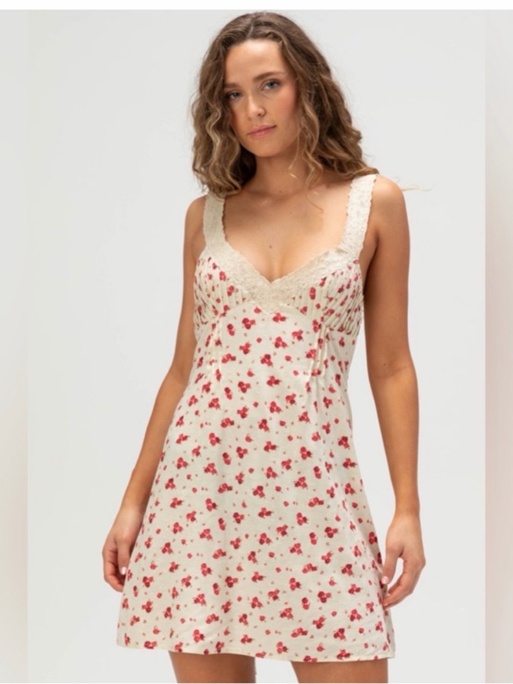 NWT UO BDG Cream Luna Slip Dress with Red Floral Print and Lace